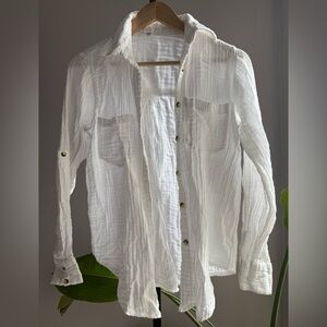 Japna 100% Gauze Cotton White Button-Up Shirt S Adjustable Sleeves M10